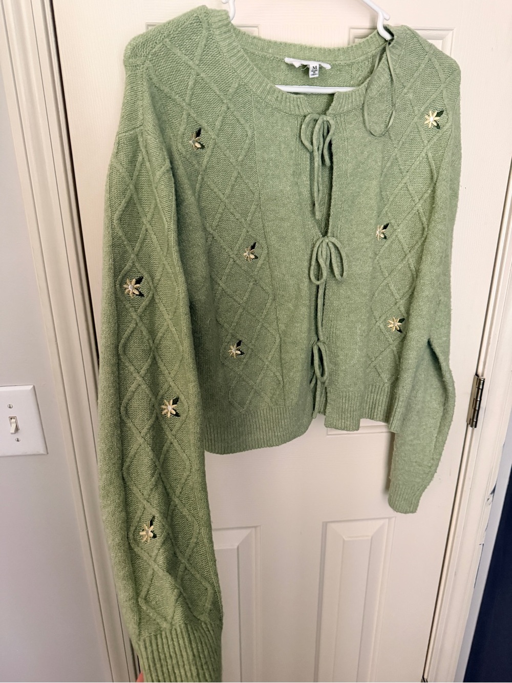 Light Green Embellished Tie-Front Cardigan Sweater - Picture 4 of 4